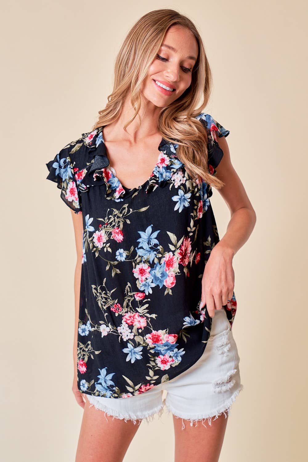Ruffled V Neck Floral Top
