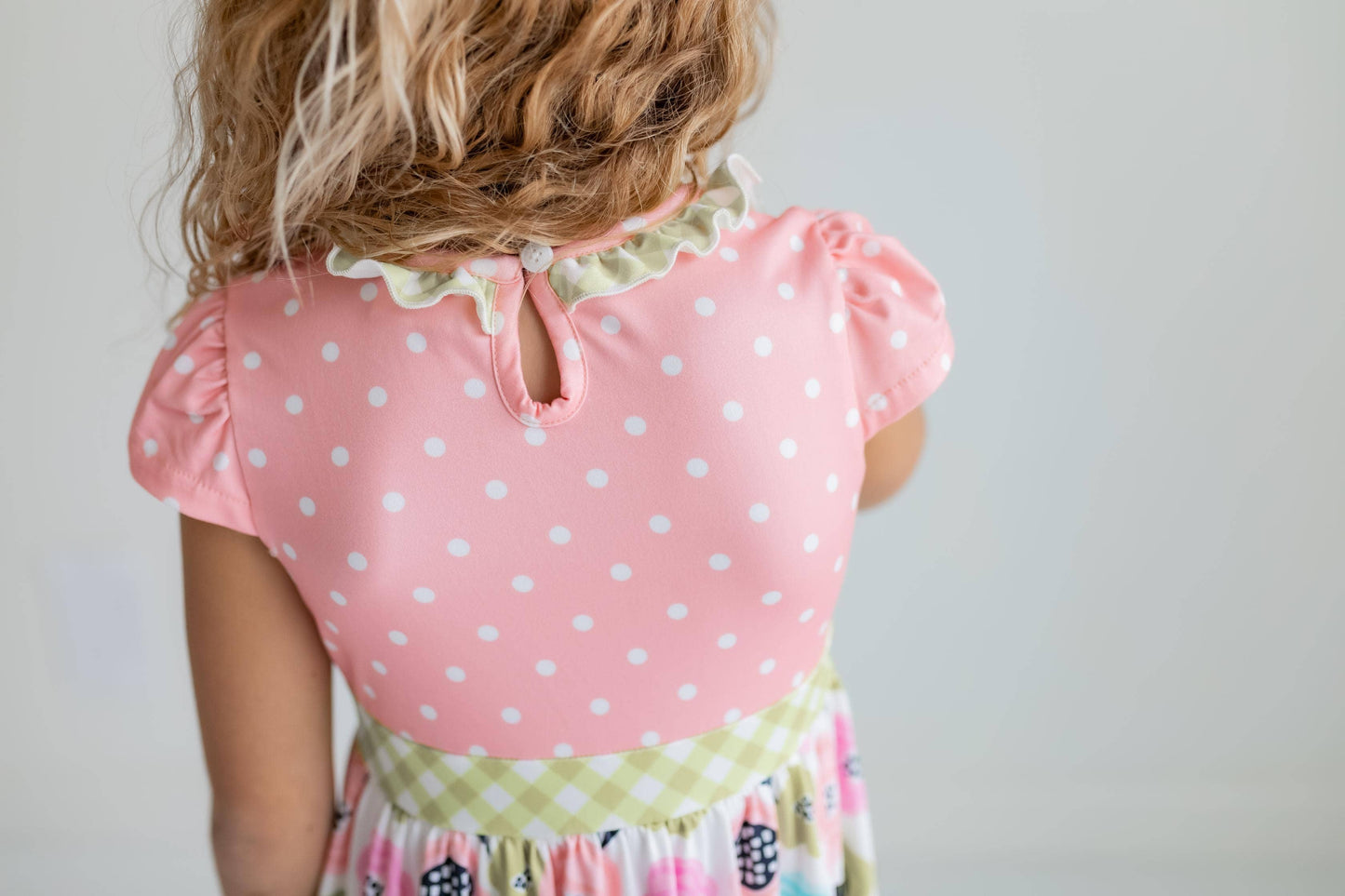 Kids Peach & Green Floral Gingham Spring Summer Ruffle Dress