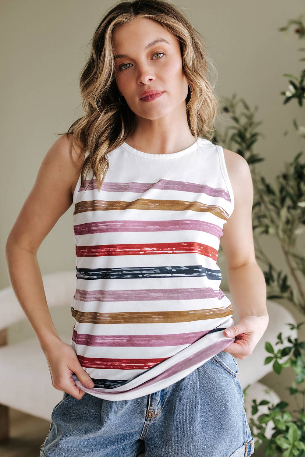 Stripe Rainbow Round Neck Tank Top