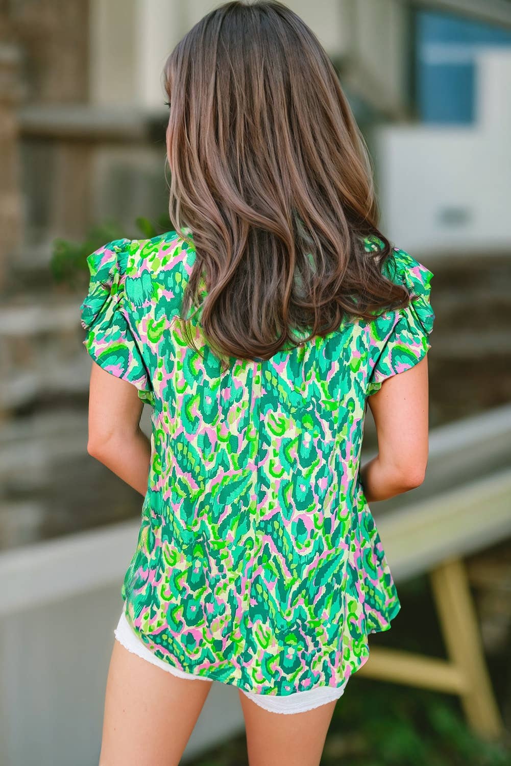 Women Abstract Print Ruffled Sleeve V Neck Blouse