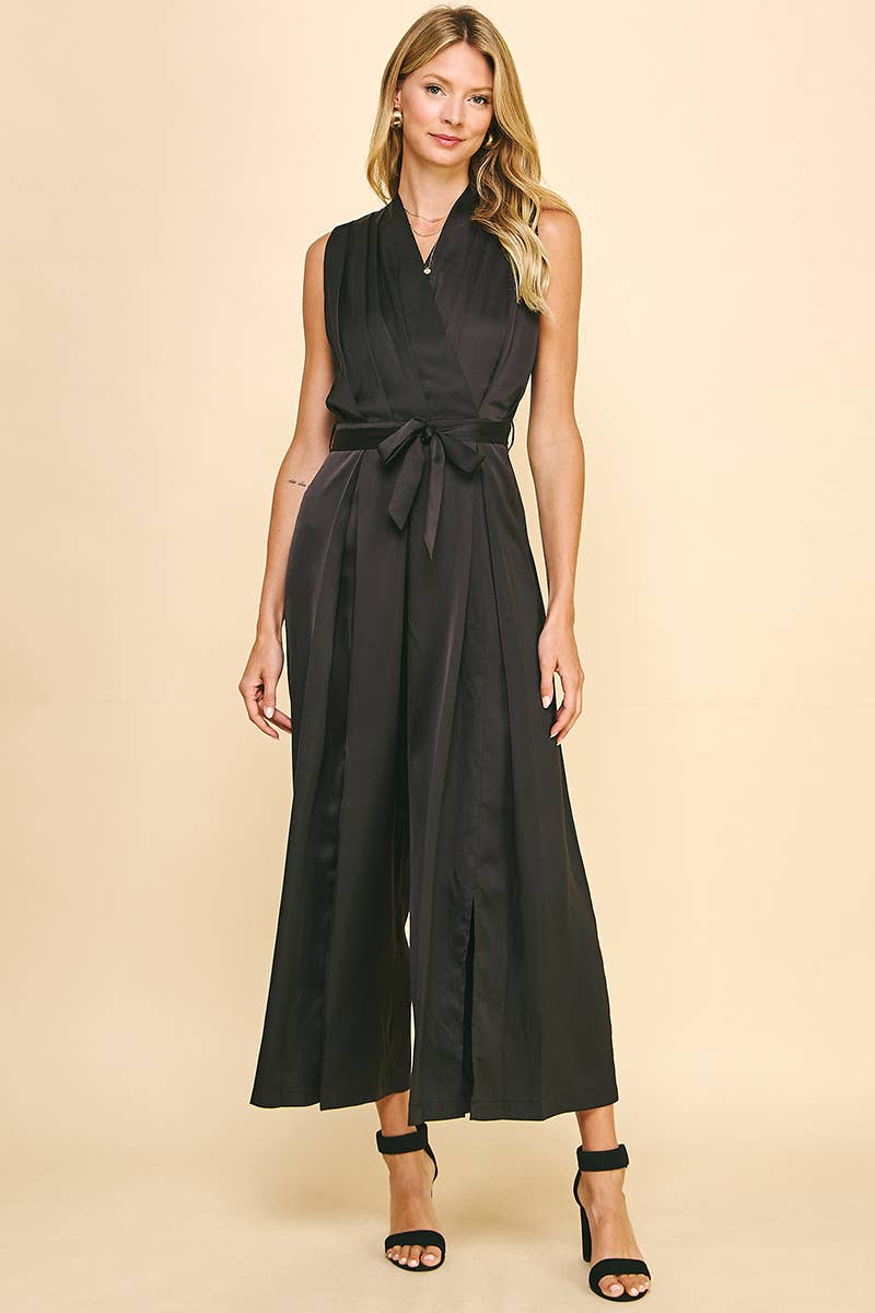 Satin Belted Jumpsuit - Black