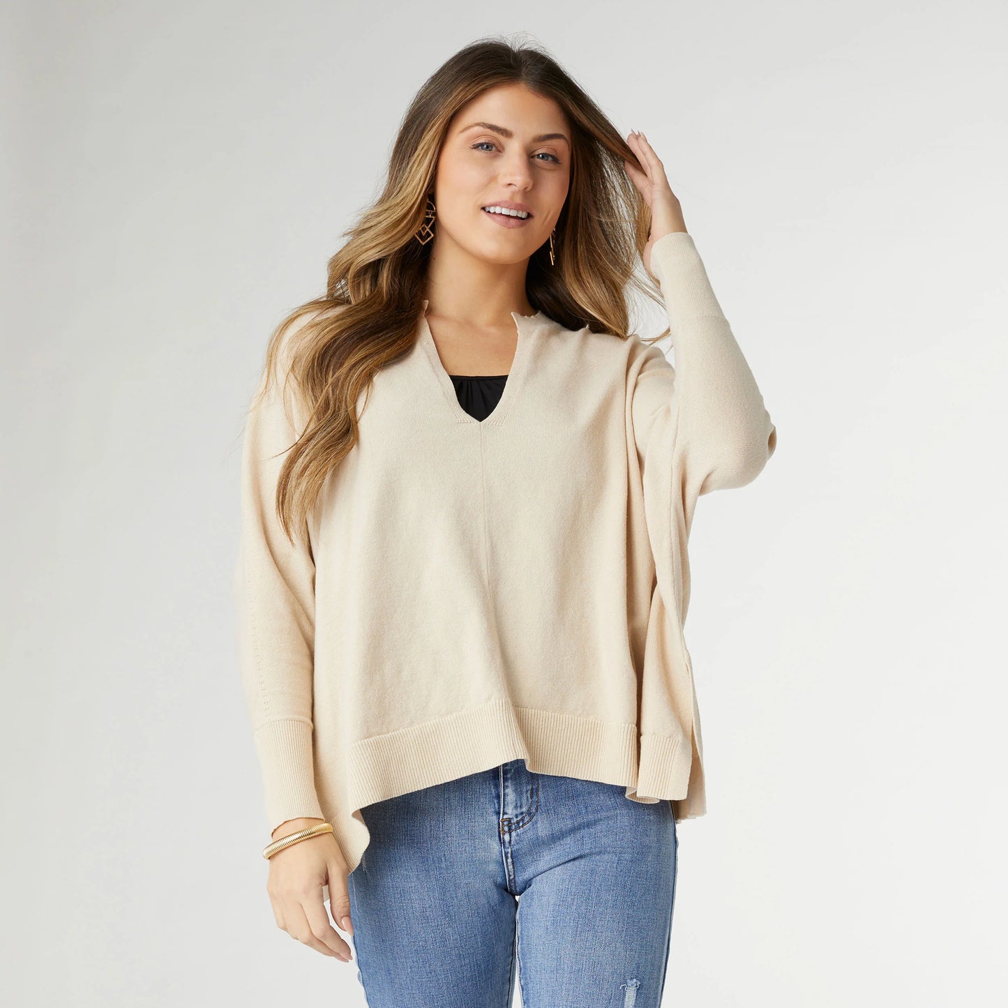 Rila Fine Gauge V-Neck Sweater with Side Slit