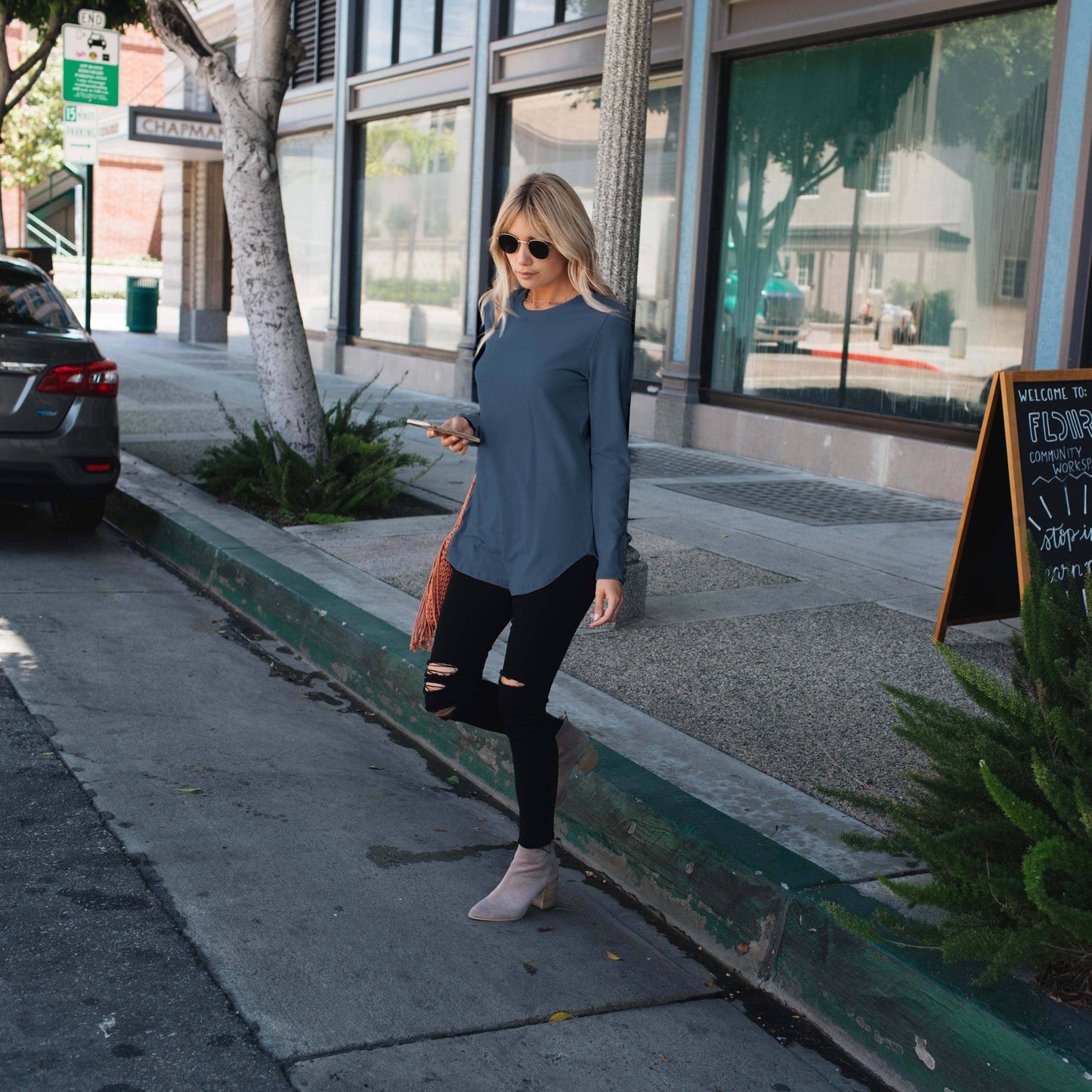 Button Back Top Heather Blue