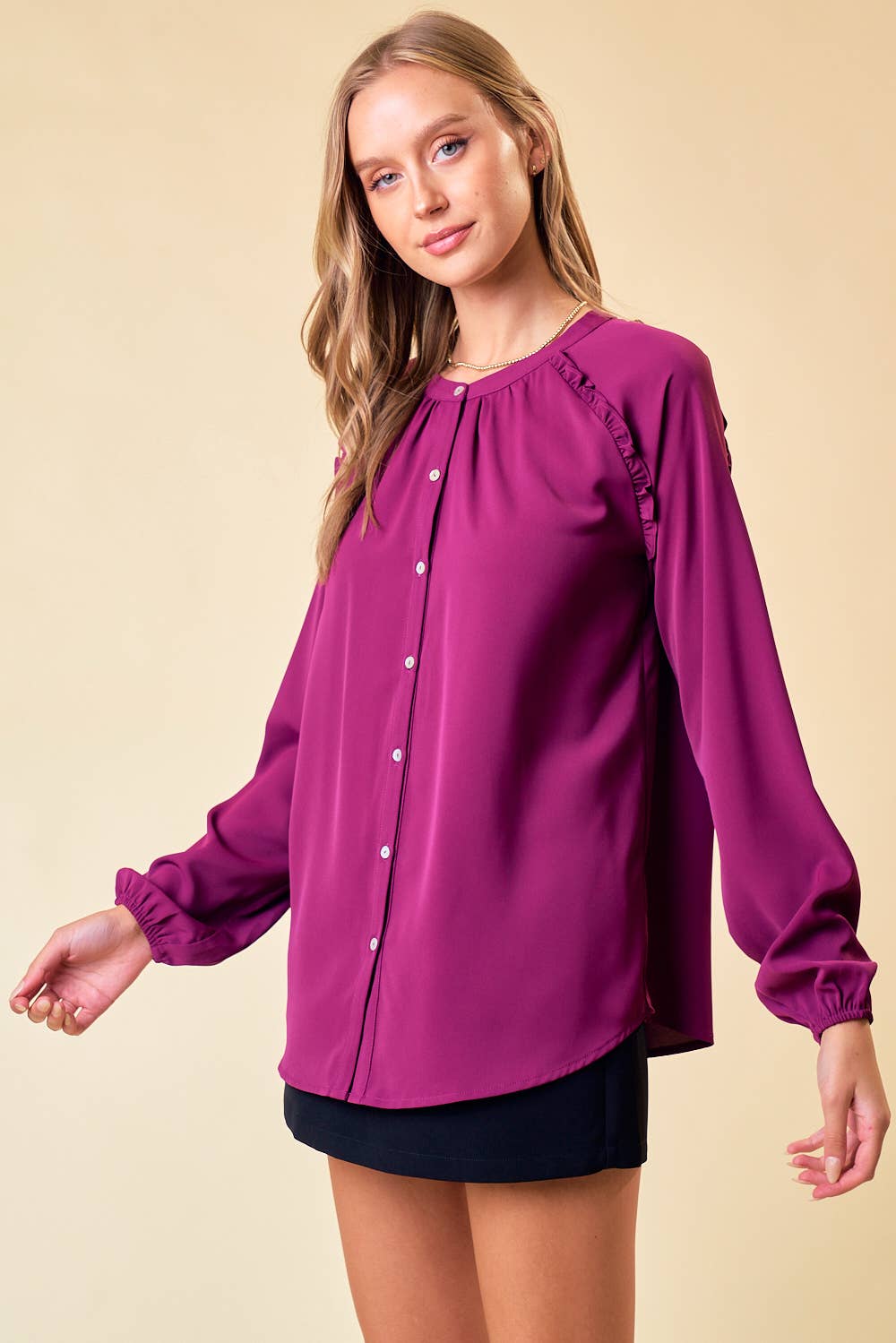 Frilled Raglan Woven Top - Plum