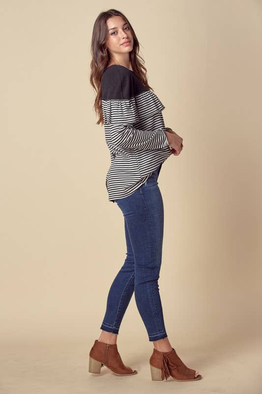 Stripe Ruffled Top W/ Button Down Back