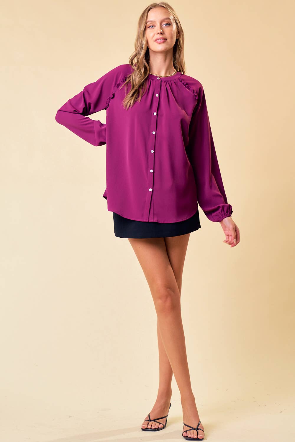 Frilled Raglan Woven Top - Plum