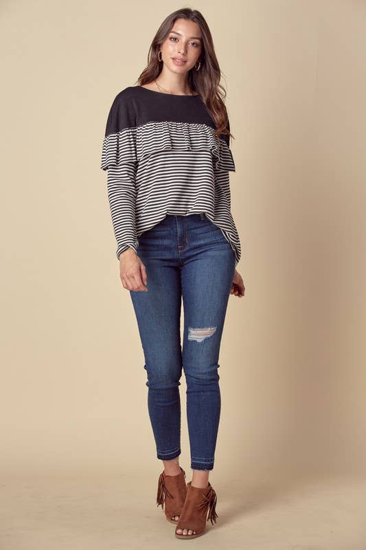 Stripe Ruffled Top W/ Button Down Back