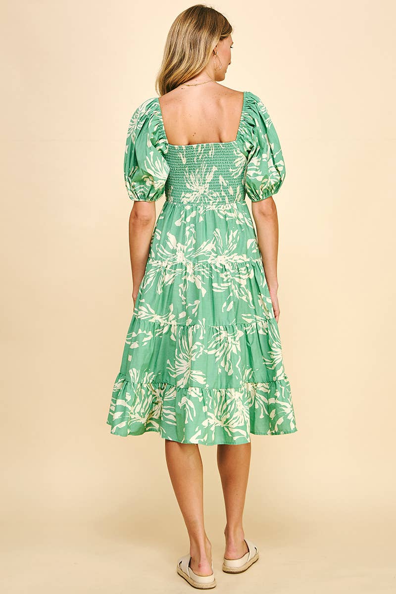 PUFF SLEEVES TIERED MIDI DRESS - GREEN