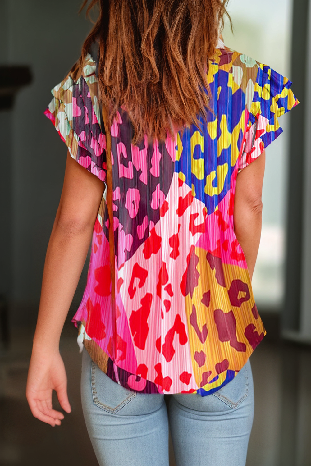 Women Leopard Flutter Sleeve V Neck Crinkled Blouse