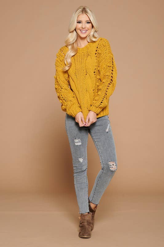 Twisted Knit Sweater With Pompom Detail