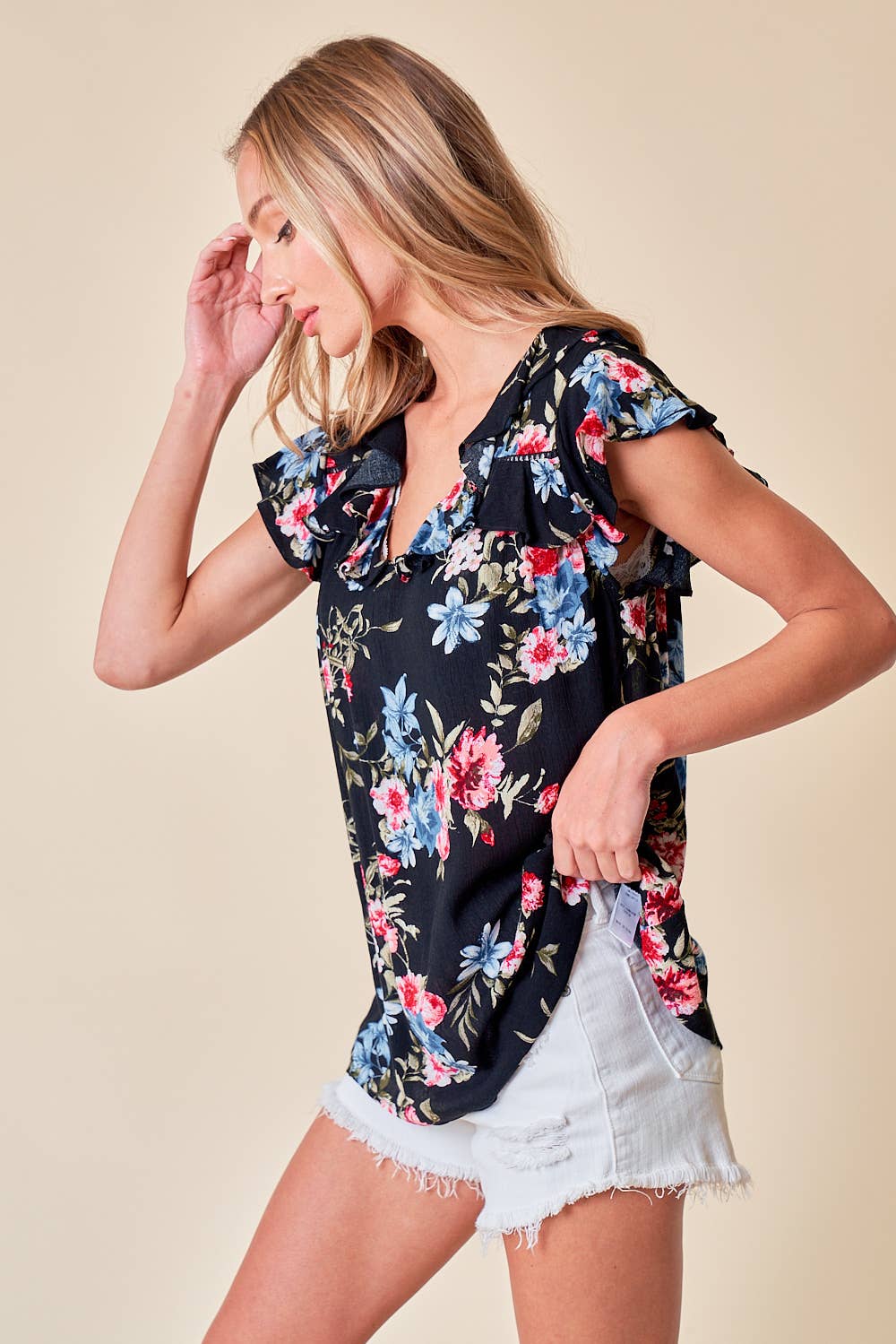 Ruffled V Neck Floral Top