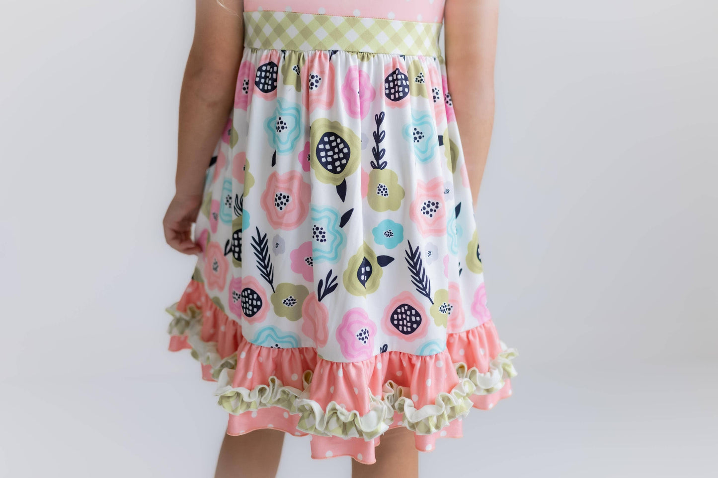 Kids Peach & Green Floral Gingham Spring Summer Ruffle Dress