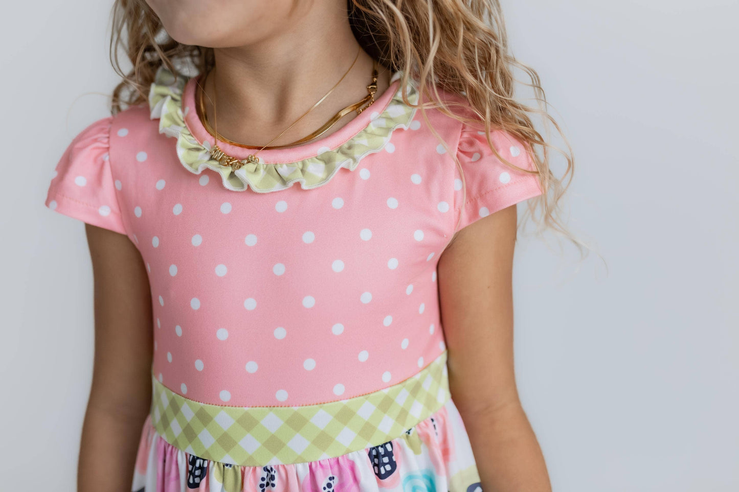 Kids Peach & Green Floral Gingham Spring Summer Ruffle Dress