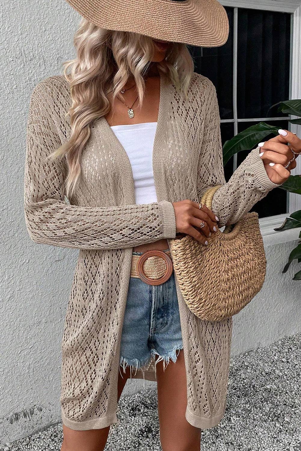Solid Color Pointelle Knit Open Front Cardigan