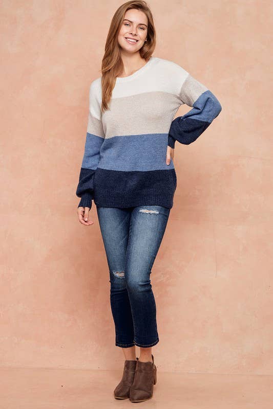Color Block Sweater Top With Balloon Sleeve