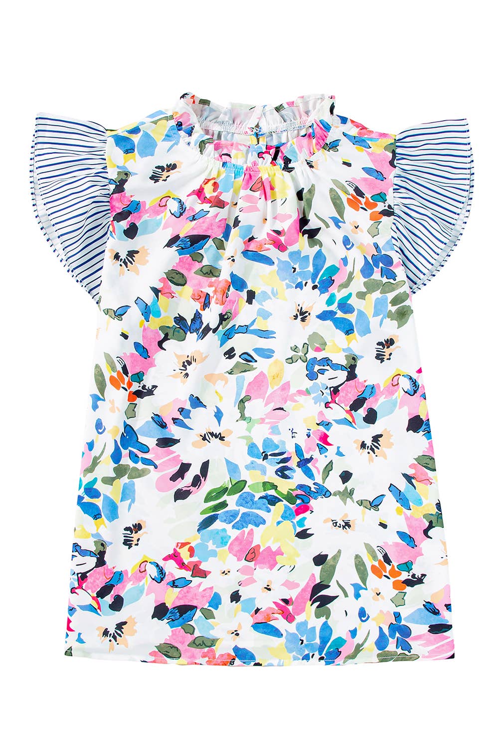 Floral Print Striped Ruffled Sleeve Blouse
