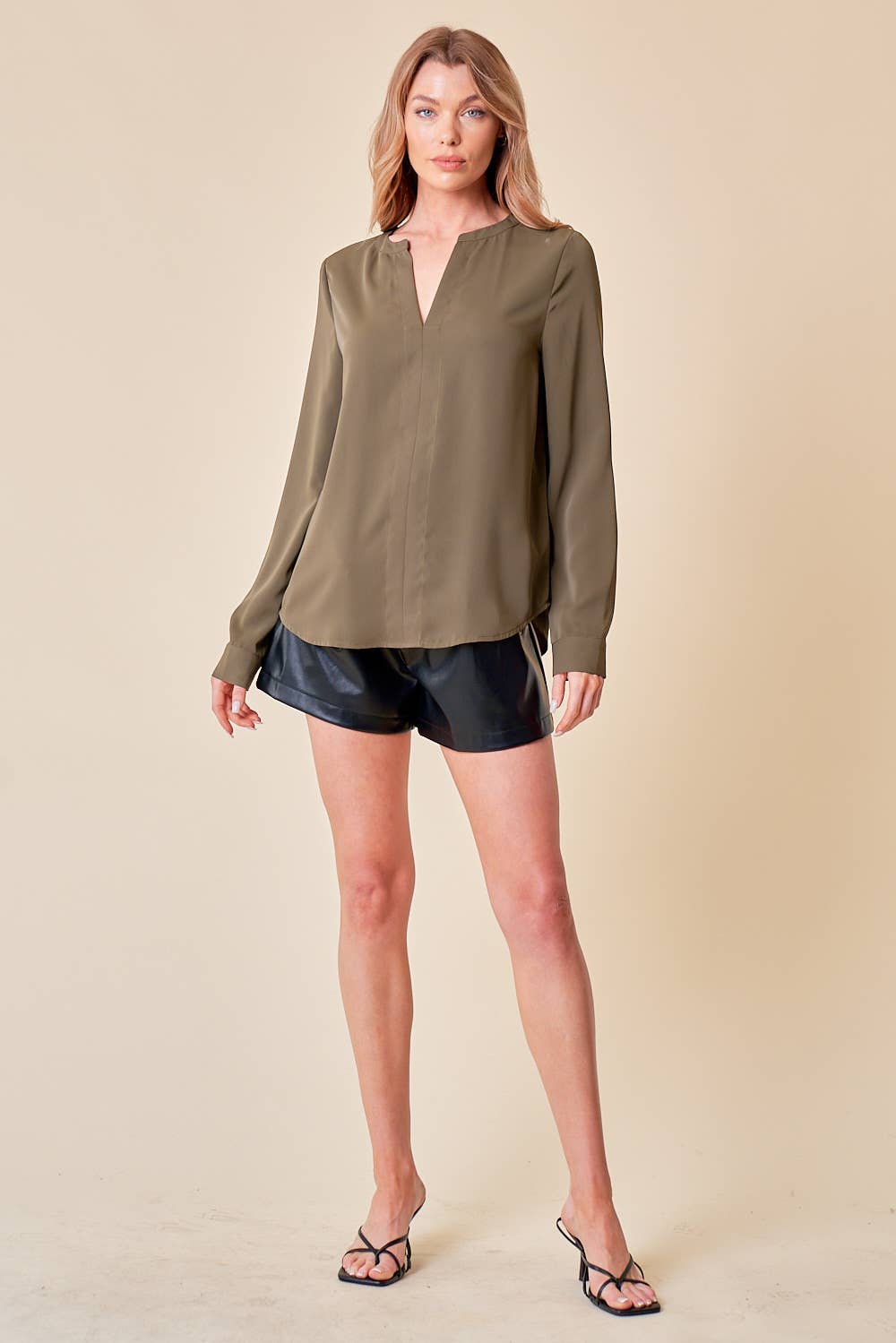 Folded V-Neck Blouse - Dark Olive
