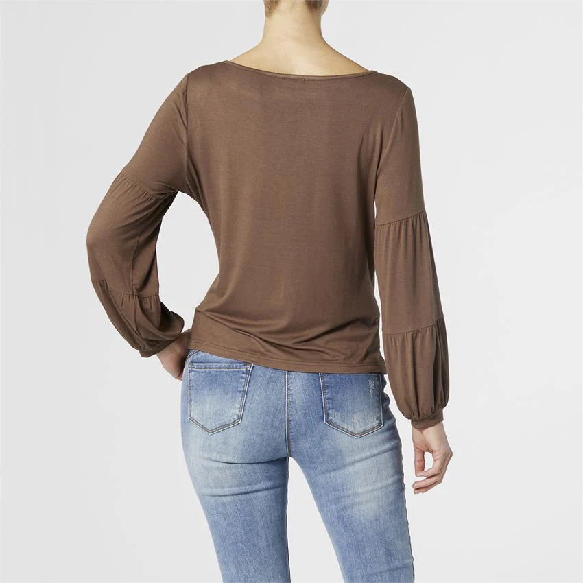 Celina Tiered Long Sleeve Crew Neck Top - Chocolate