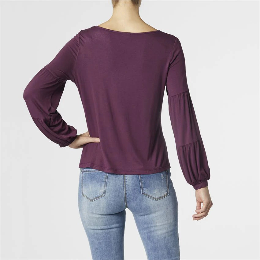 Celina Tiered Long Sleeve Crew Neck Top - Merlot
