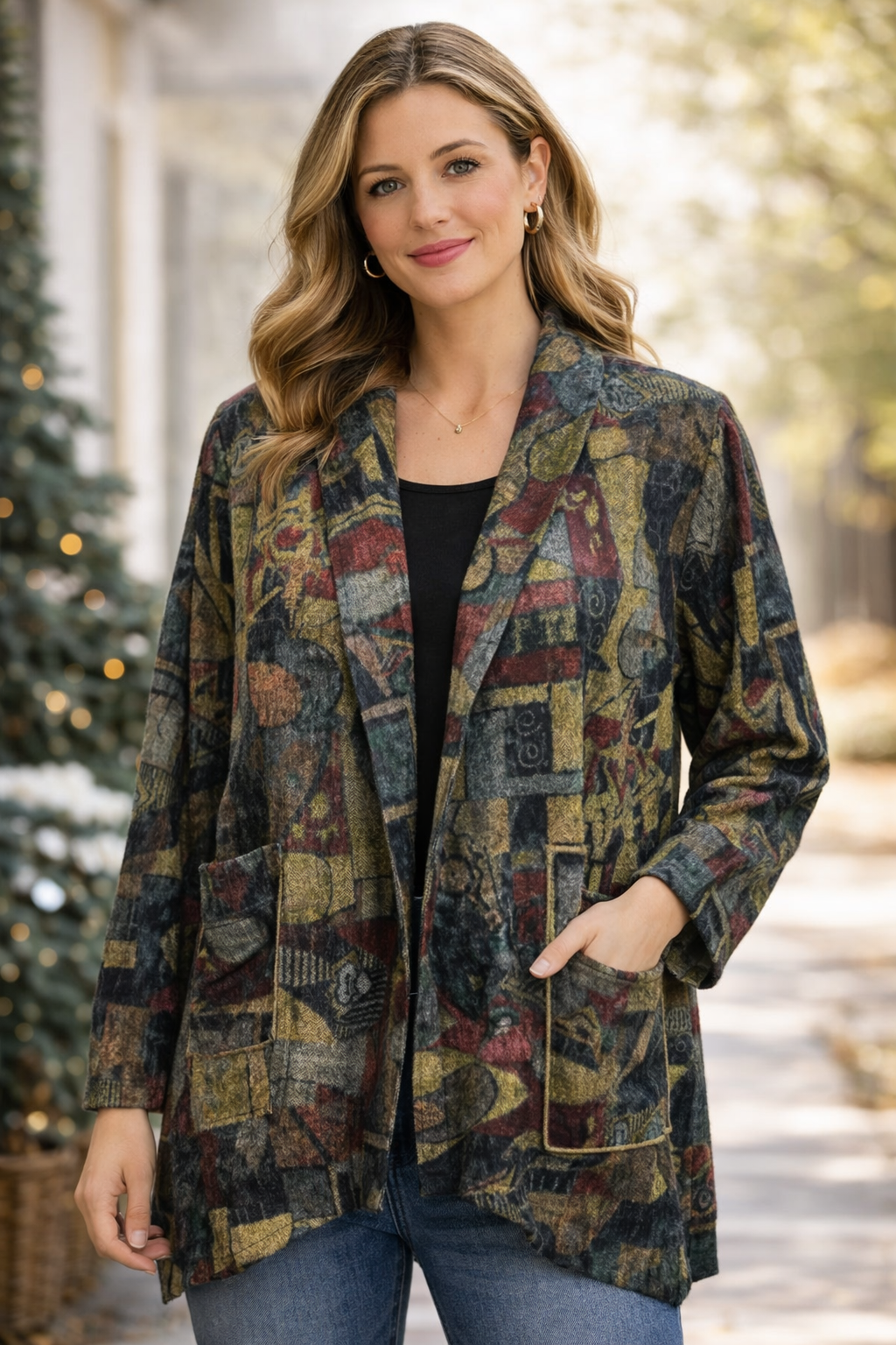 Abstract Tapestry Open Front Jacket