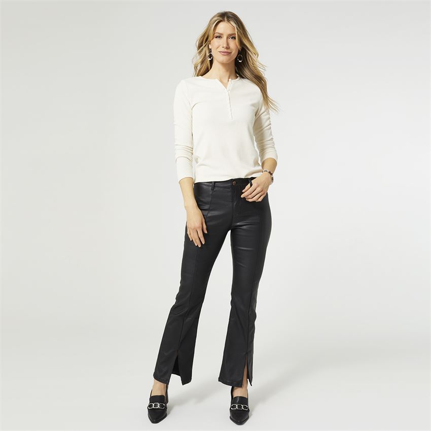 Eco-leather trousers with medium waist and flare leg with front