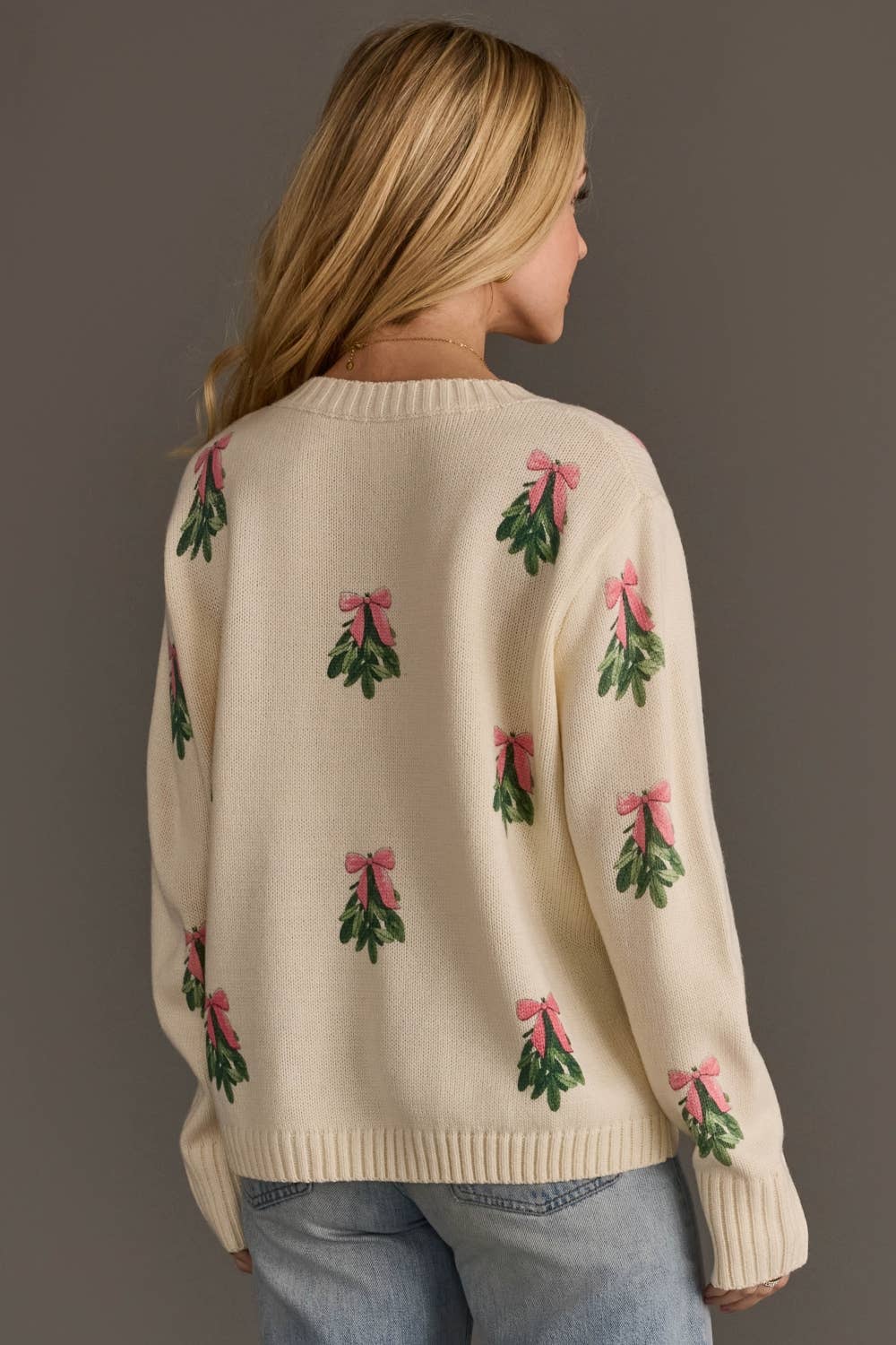 Ivory Tree Sweater with Pink Bows