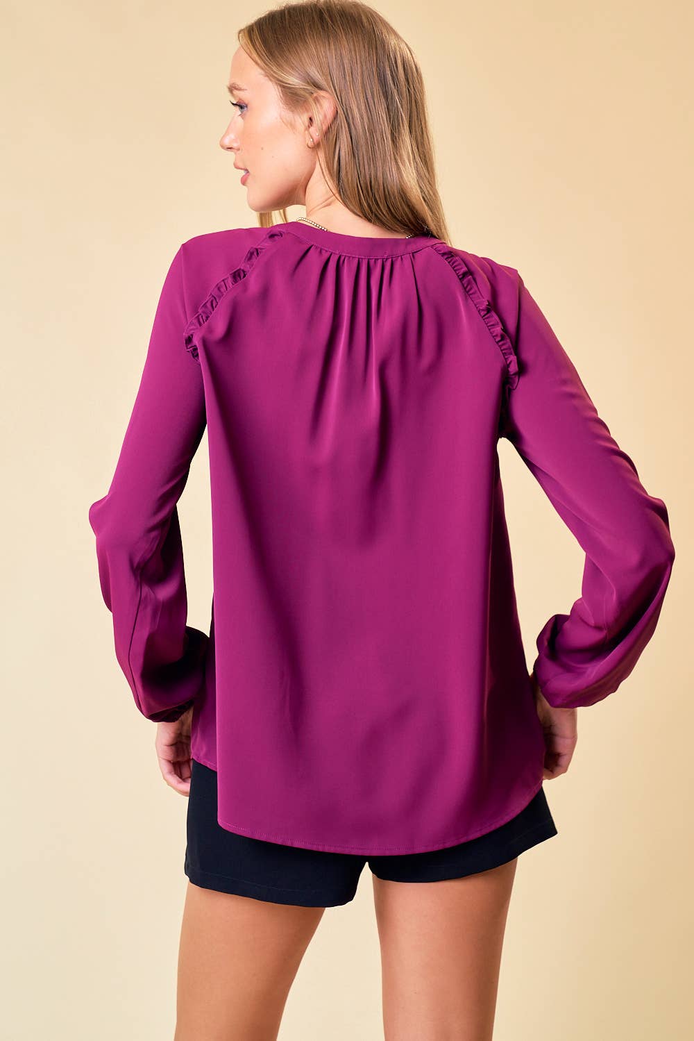 Frilled Raglan Woven Top - Plum