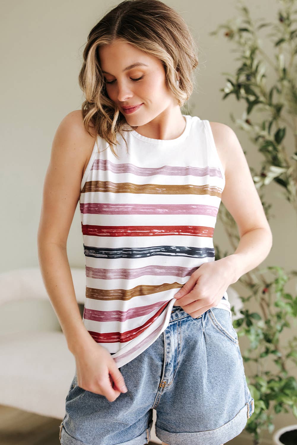 Stripe Rainbow Round Neck Tank Top