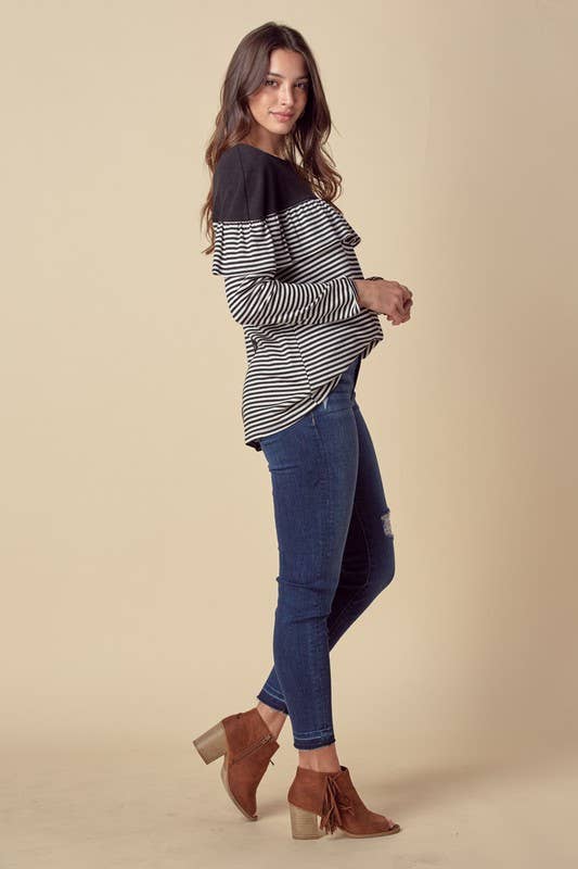 Stripe Ruffled Top W/ Button Down Back