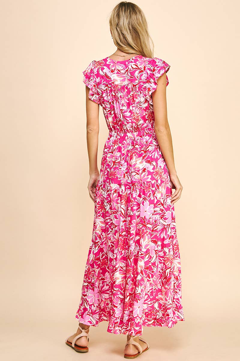 FLORAL PRINT TIERED MAXI DRESS - PINK MULTI