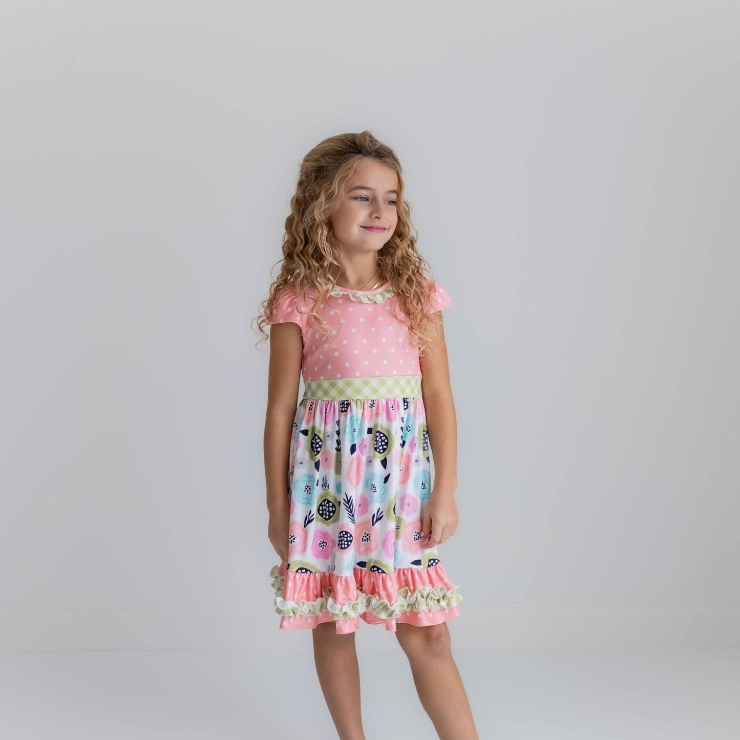 Kids Peach & Green Floral Gingham Spring Summer Ruffle Dress
