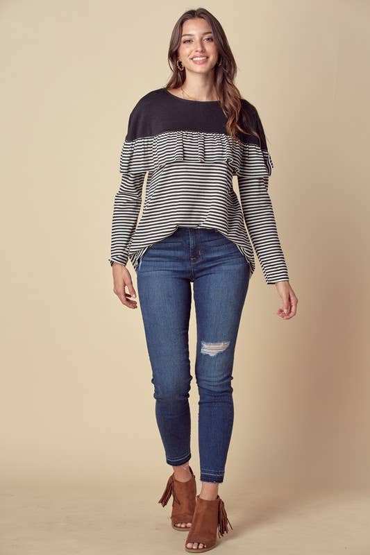 Stripe Ruffled Top W/ Button Down Back