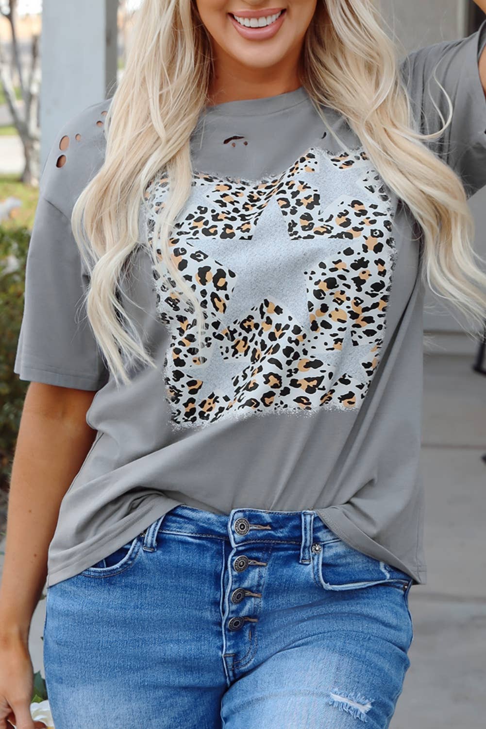 Stars Leopard Graphic Distressed Tee