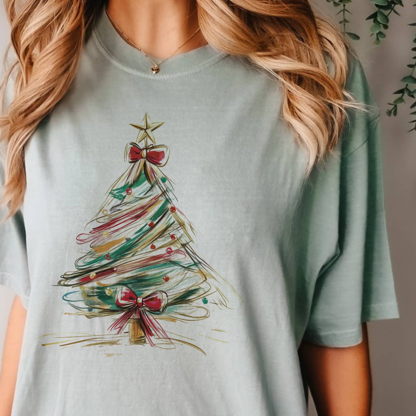 Whimsical Christmas Tree Holiday Red Gold Graphic Tee