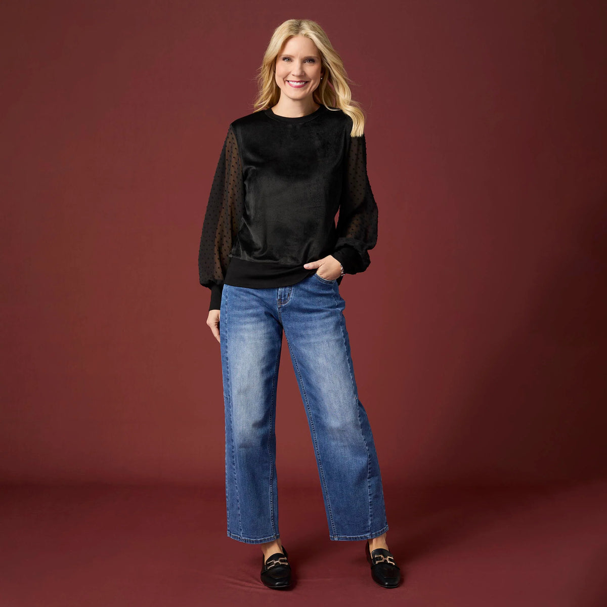 Kayla Velour Top with Swiss Dot Sleeves
