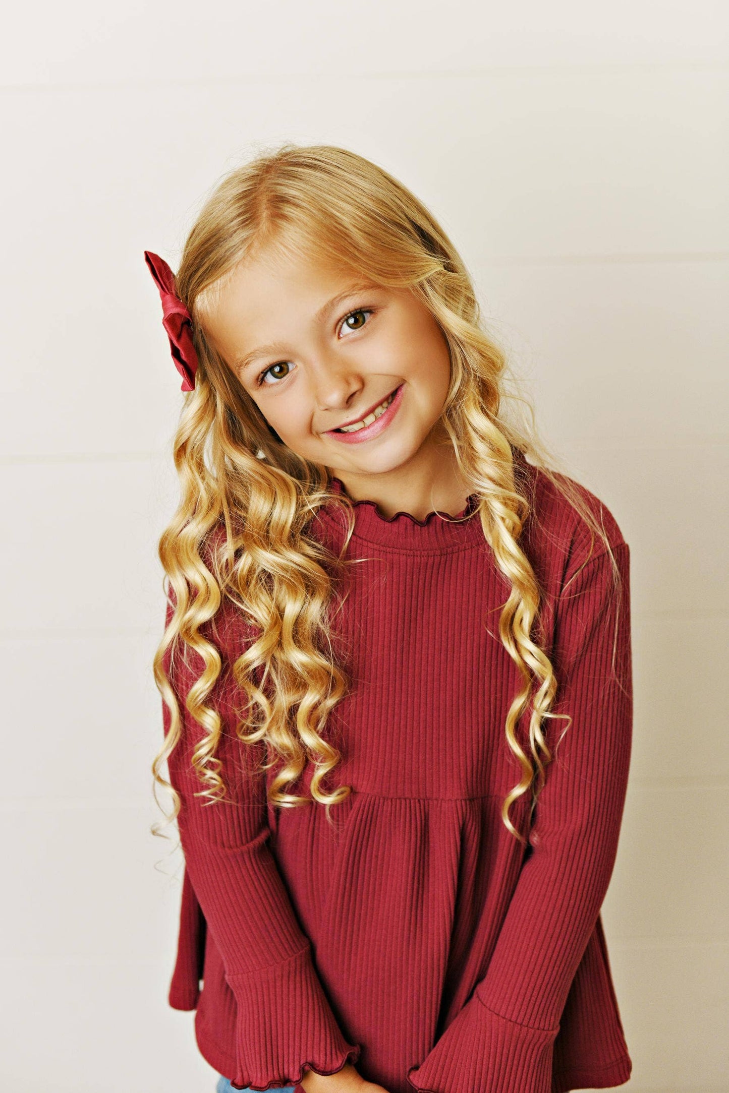 Kids Burgundy Wine Long Sleeve Lettuce Trim Ribbed Shirt
