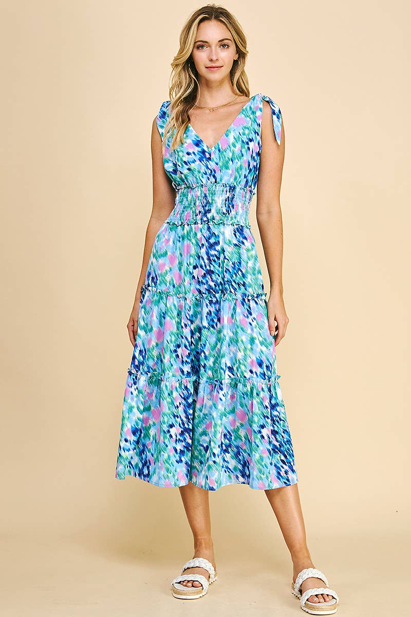 Blue Multi Watercolor Midi Dress