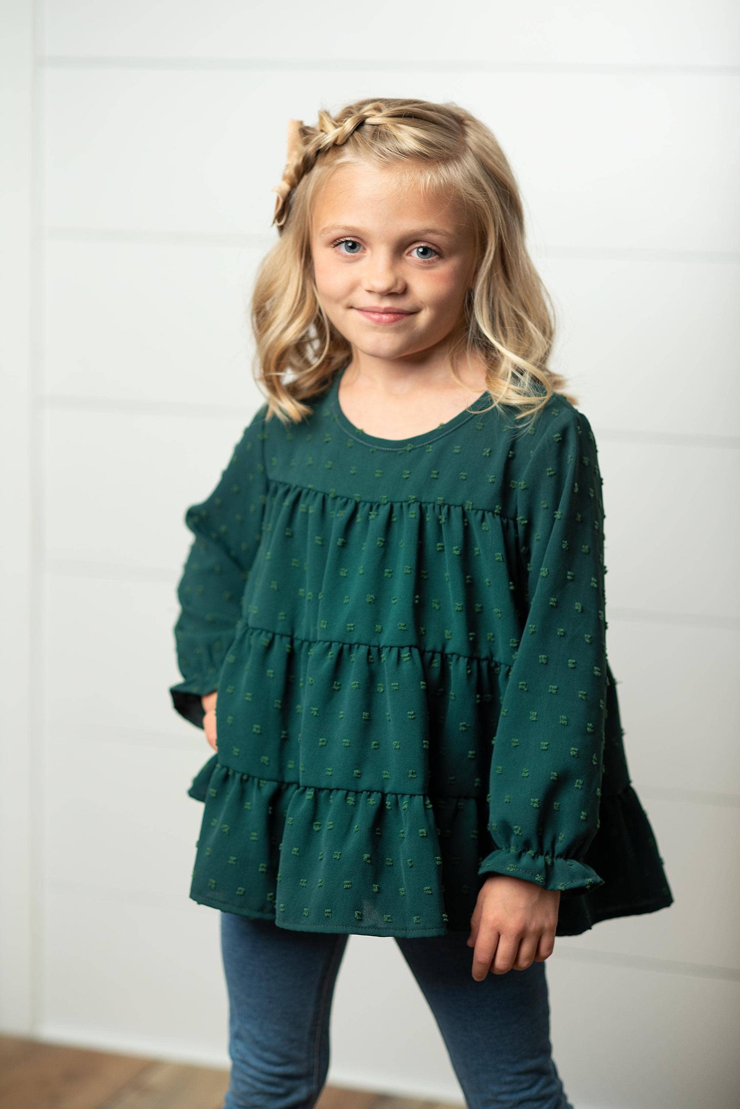 Kids Dark Green 3 Tiered Swiss Dot Fall Winter Shirt