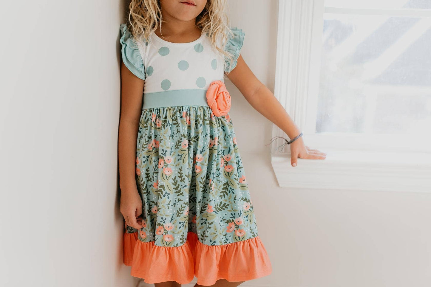 Sage & Dusty Blue Floral Rosette Twirl Spring Dress