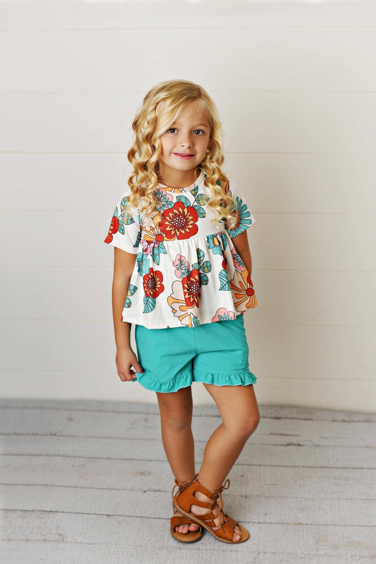 Groovy Teal Floral Ruffle Spring Pocket Short Set