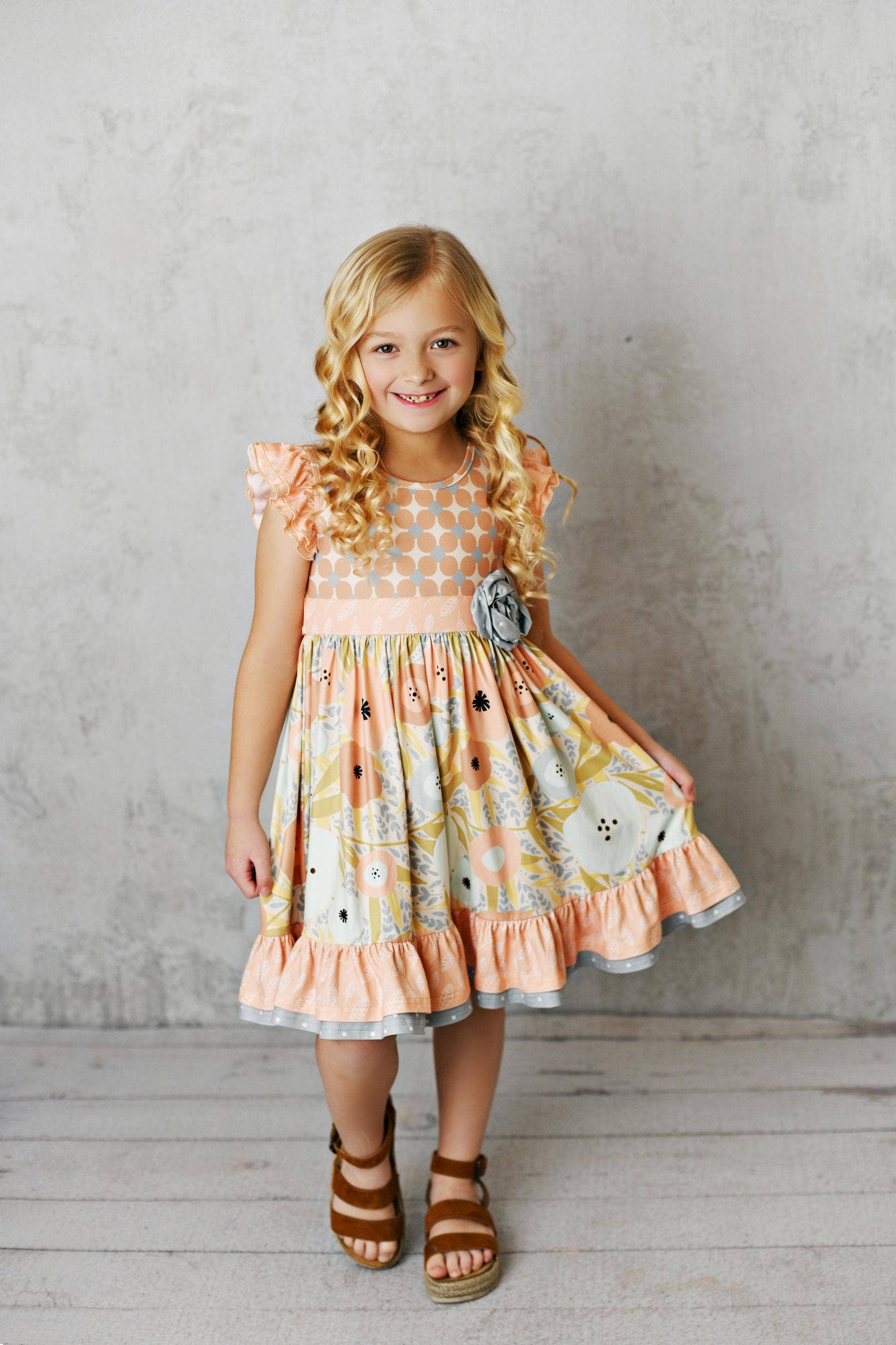 Olivia Peach & Gray Floral Rosette Twirl Spring Dress