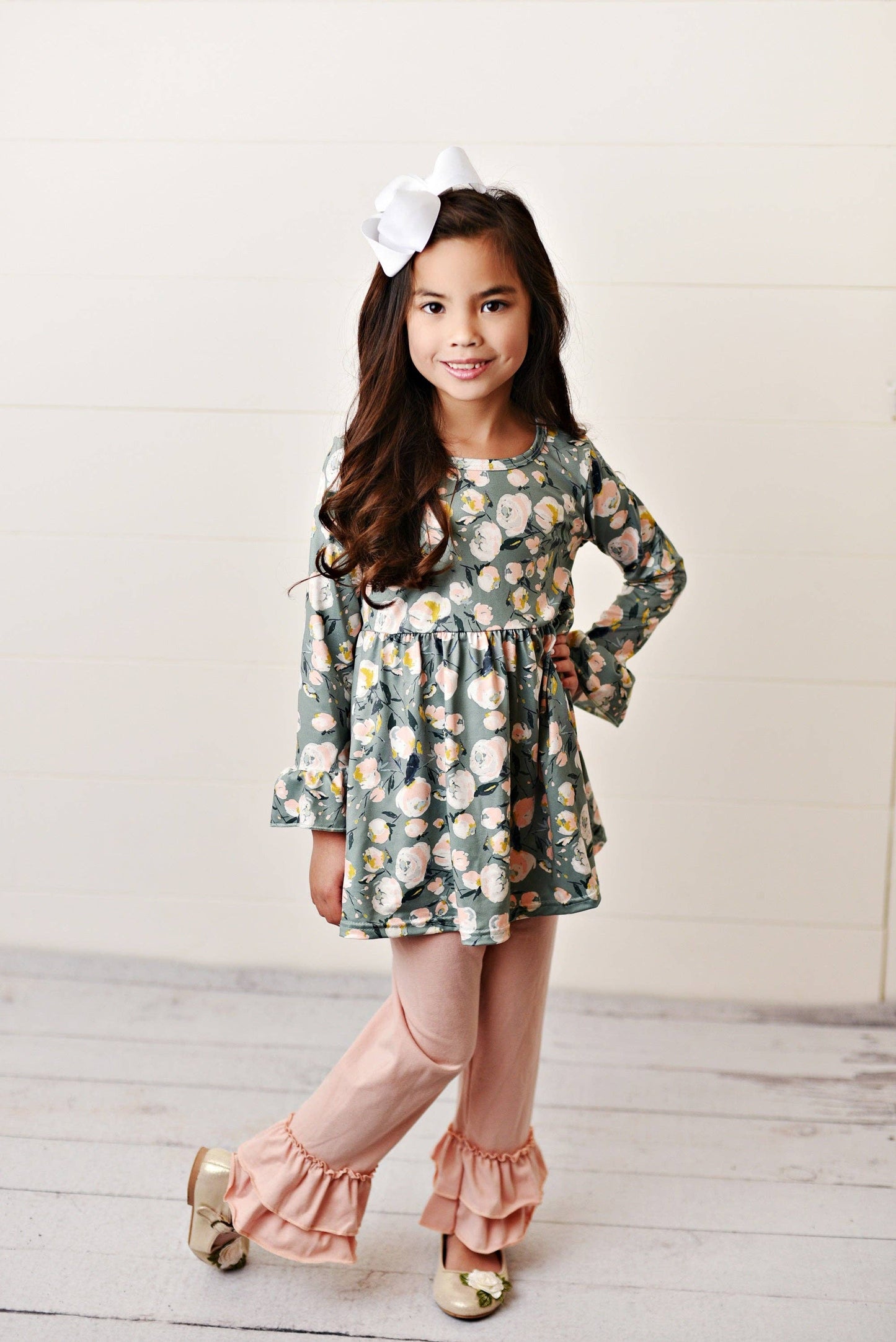 Kids Sage Green & Pink Floral Long Sleeve Ruffle Pant Set