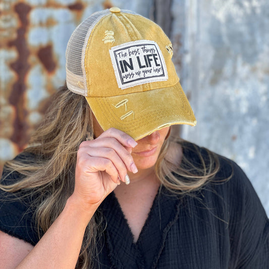 The Best Things in Life Mustard Distressed Baseball Cap