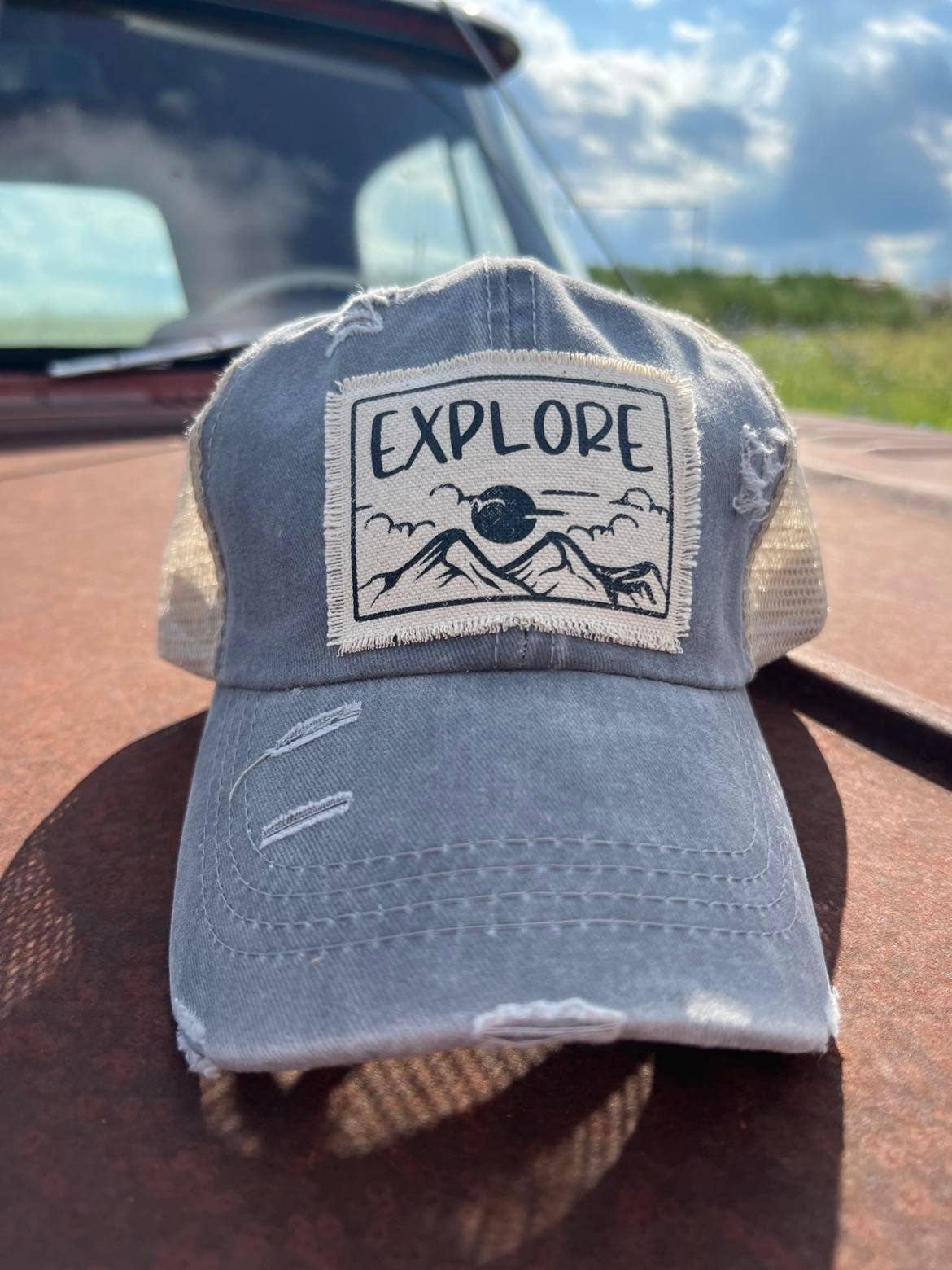 Explore Grey Distressed Baseball Cap