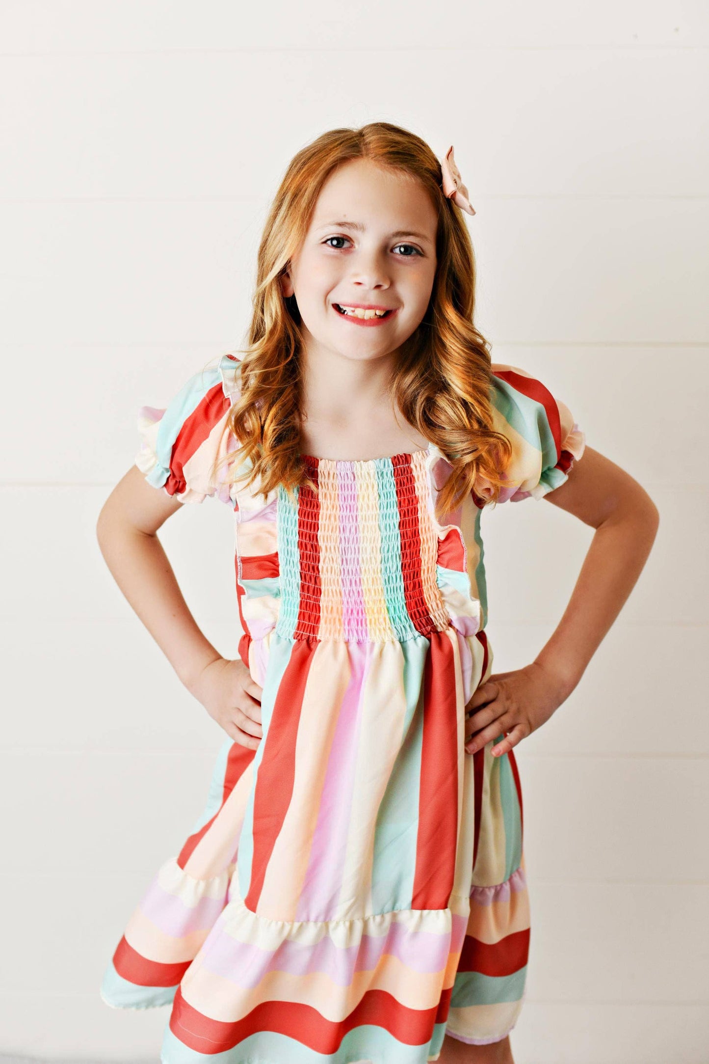 Rainbow Stripe Ruched Ruffle Puff Sleeve Spring Dress