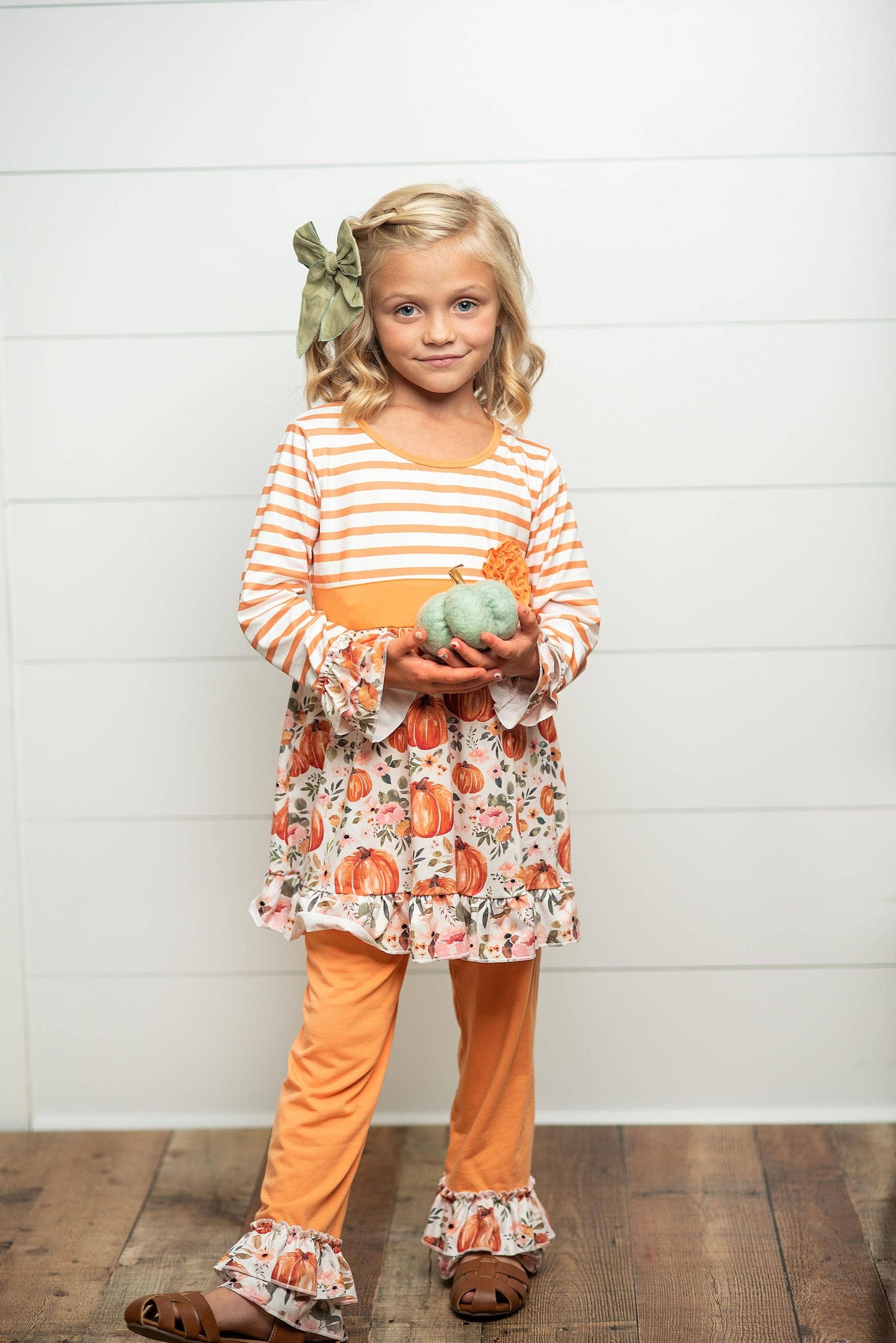 Kids Pumpkin Stripe Ruffle Rosette Two Piece Fall Pant Set