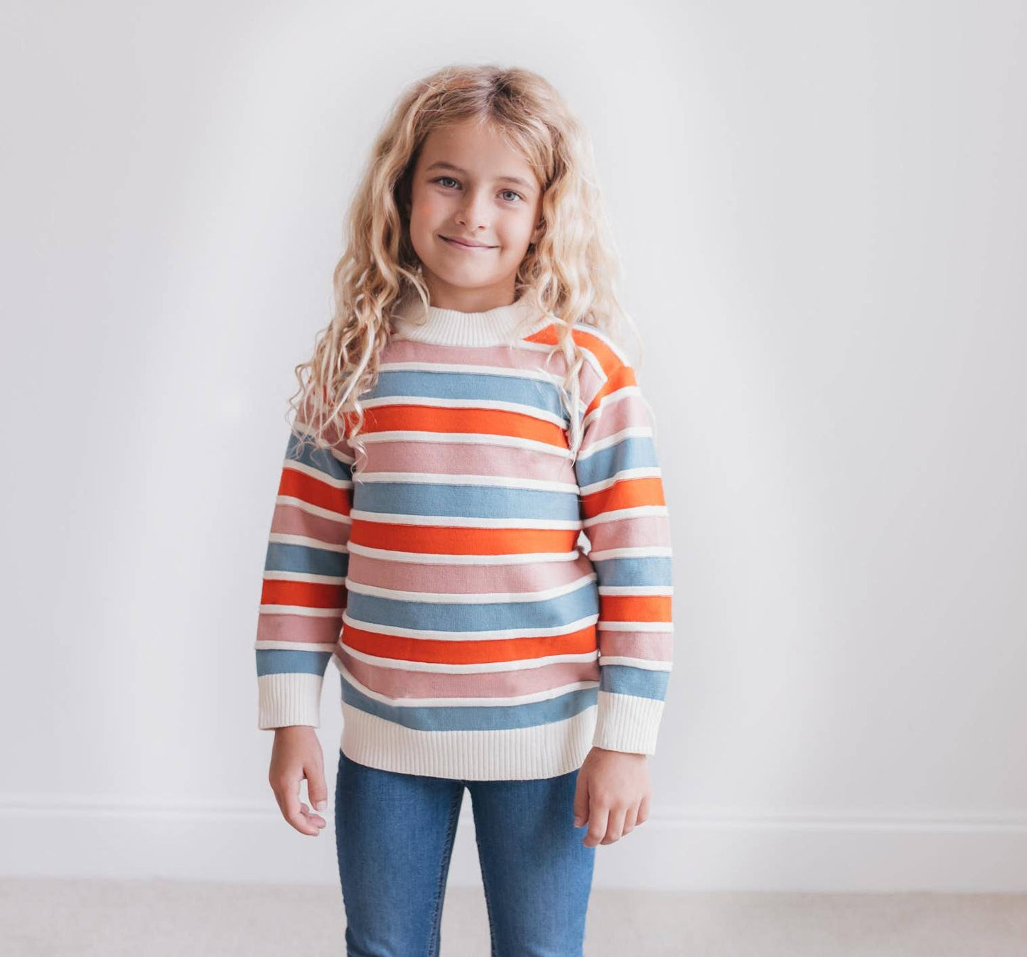 Kids Rust & Blue Stripe Ribbed Crew Neck Fall Sweater
