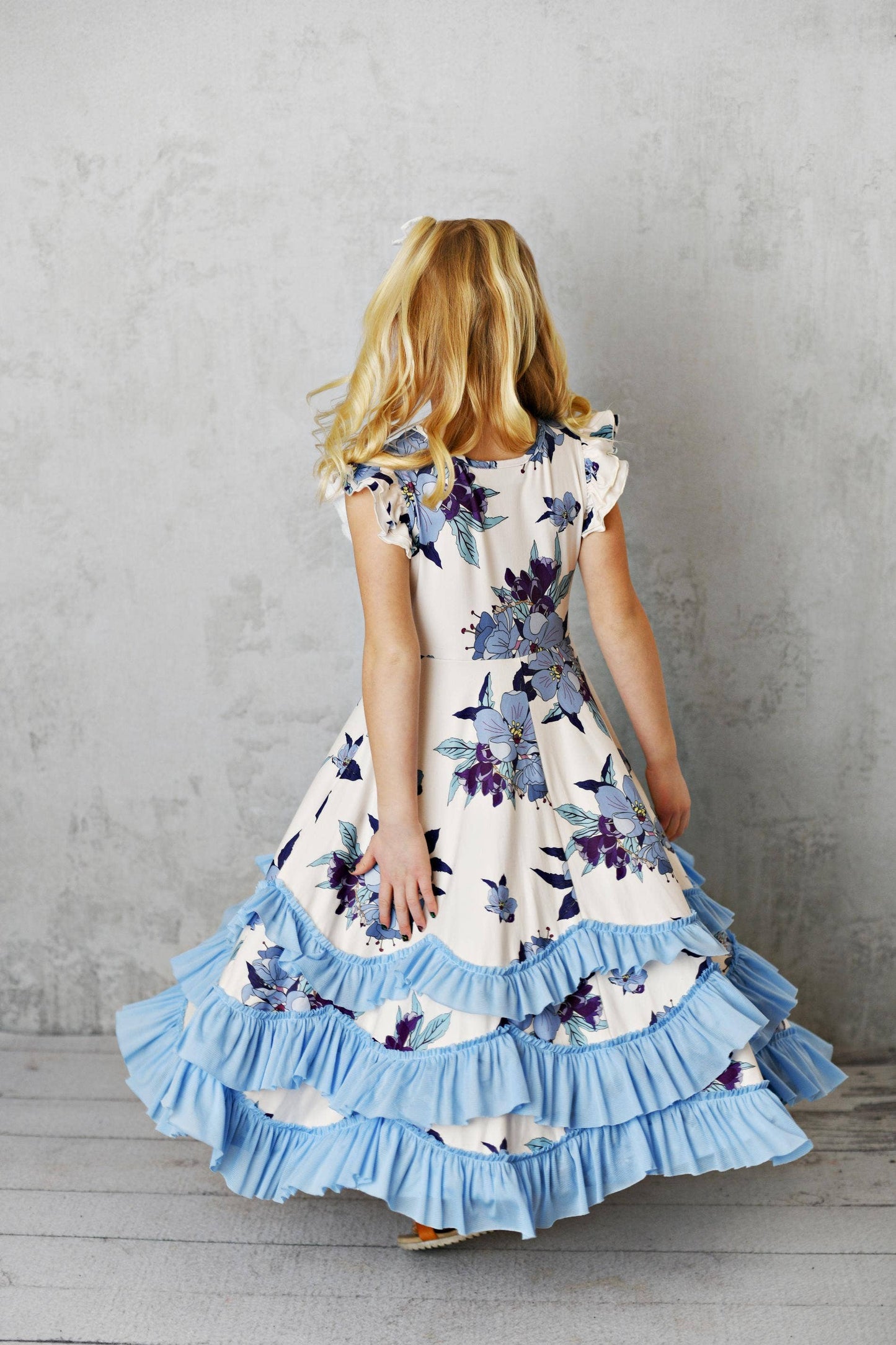 Lavender & Blue Floral Flutter Sleeve Ruffles Dress
