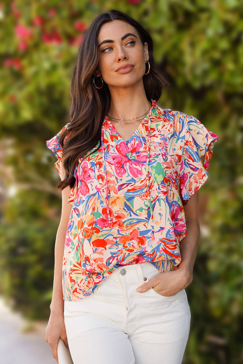 Women Floral Print Ruffled Sleeve V Neck Blouse