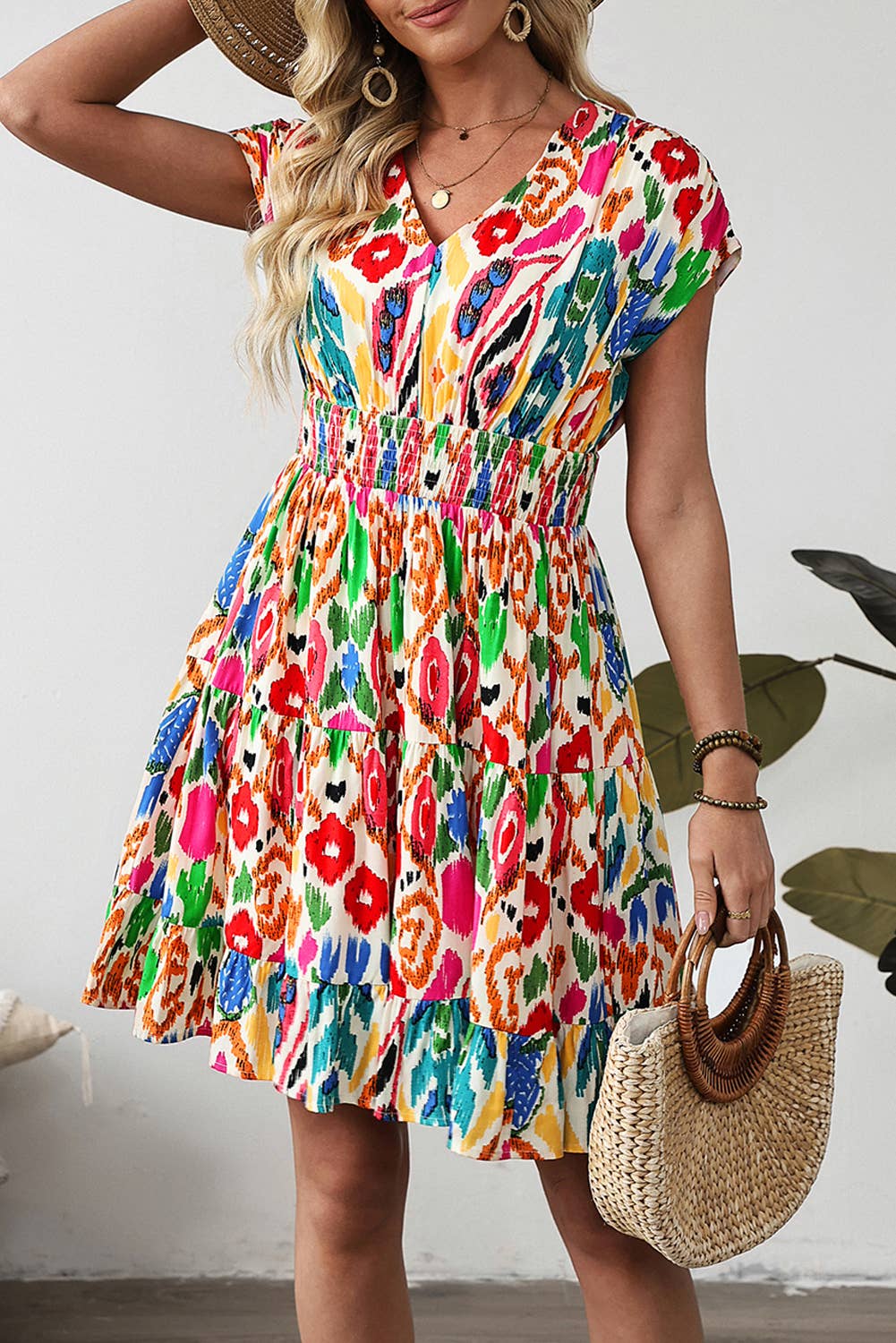 Abstract Print Ruffle Tiered Mini Dress